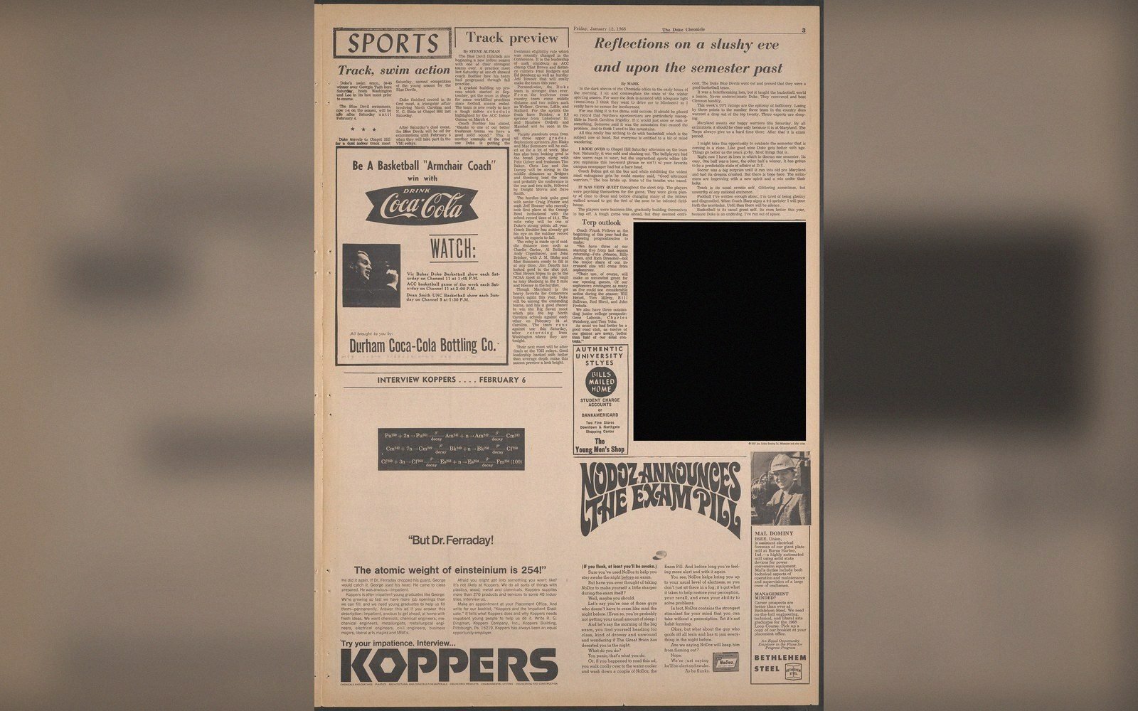 Newspaper page with sports column, opinion piece, and vintage ads including Koppers and NoDoz
