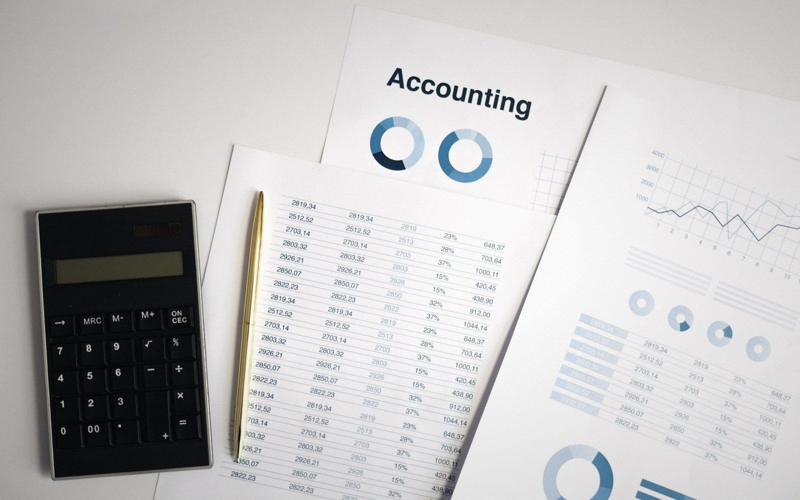 Calculator, pen, and printed accounting reports with pie charts and numerical tables on a desk